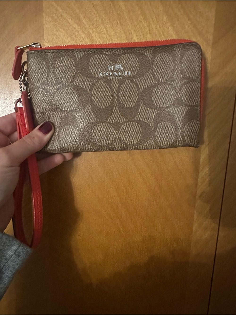Coach Brown Signature Zip Wristlet with Coral Trim